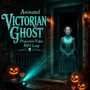 May include: A digital projection video file titled Animated Victorian Ghost MP4 Loop, featuring a glowing blue spectral figure in a long dress standing in a doorway, surrounded by illuminated jack-o'-lanterns and a projector.