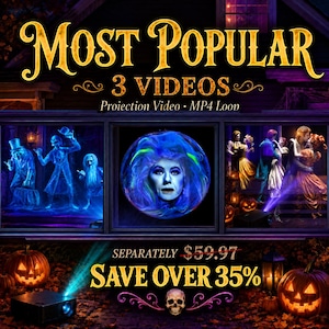 May include: A digital display featuring three video panels with Halloween themes, including ghosts, a floating head in a crystal ball, and dancing figures. The text reads Most Popular 3 Videos Projection Video MP4 Loop. Two jack-o'-lanterns sit below.