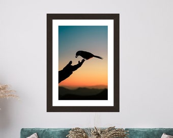 Magical Bird Landing on Hand Moment | Mountain Sunset Wall Art | Bird Photography | Animal Decor | Landscape Photo Print | Original Fine Art