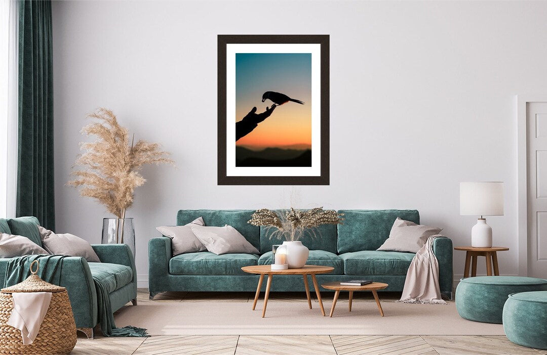 Magical Bird Landing on Hand Moment Mountain Sunset Wall Art Bird