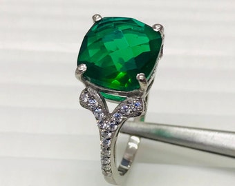 Emerald solitaire ring With Zircon & 5.8 Carat Gemstone Sterling Silver Statement Ring Band Handmade Jewelry gift for her , Christmas Gift