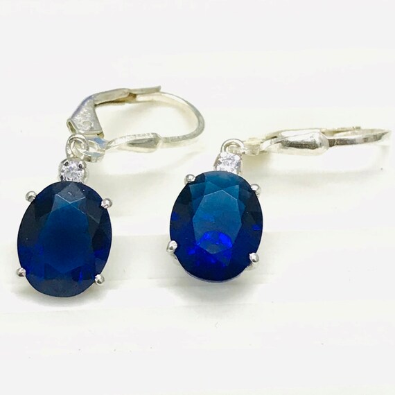 Blue Sapphire Earrings Sterling Silver Lab Created Sapphire Etsy