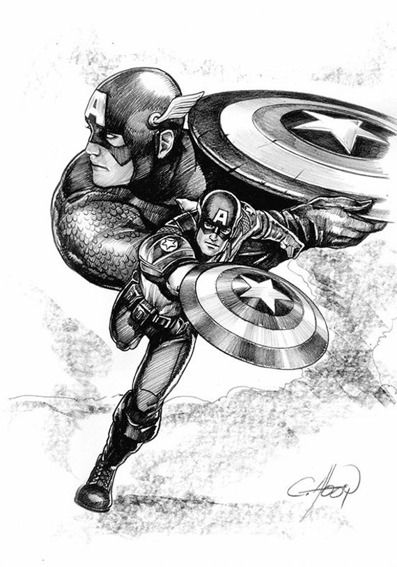 Captain America Black &amp; White by Claudio Aboy Art Print | Etsy