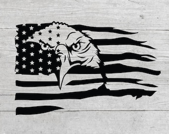May include: A black and white distressed American flag with an eagle's head in the center. The eagle's eyes are looking directly at the viewer.
