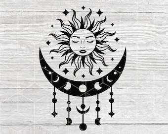 May include: Black and white illustration of a sun and moon with a crescent moon shape and a face inside the sun. The sun and moon are surrounded by stars and the crescent moon has a dangling chain of smaller moons.