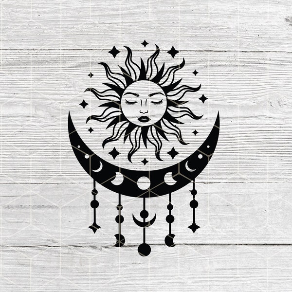 SUN and MOON SVG, Moon phases, Mystical, Celestial, Stars, Boho, Sun face, Svg files for cricut and silhouette, Instant digital download