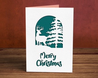 Carte de Noël SVG, Modèle de carte de Noël de cerf SVG, fichier d’invitation de Noël, Carte Papercut, cerf de Noël svg avec fichiers numériques étoiles