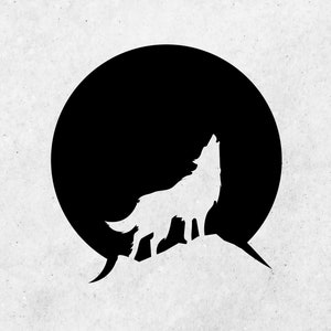 May include: A black and white silhouette of a wolf howling at the moon.