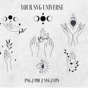 Peut inclure: Un ensemble de 10 illustrations en noir et blanc en ligne art représentant des mains, des lunes, des cristaux et une bouteille. Le texte "YOUR SVG UNIVERSE" et "PNG // PDF // SVG // EPS" sont également inclus dans l'image.