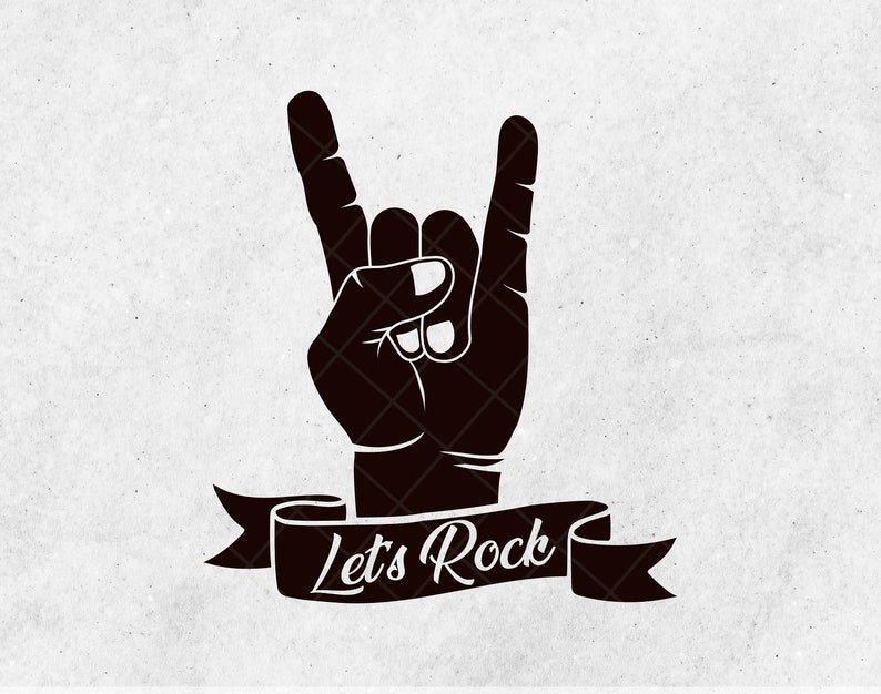 May include: Black and white illustration of a hand making the rock and roll hand gesture. A black ribbon with the text "Let's Rock" is below the hand.