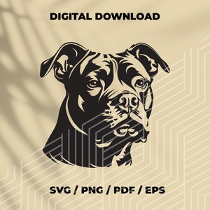 Puede incluir: Ilustración digital en blanco y negro de la cabeza de un perro pit bull. El perro está mirando hacia la derecha. La imagen está disponible para descarga digital en los formatos SVG, PNG, PDF y EPS.