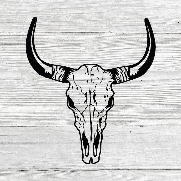 May include: A black and white illustration of a bull skull with large, curved horns. The skull is detailed with visible bone structure and sits against a white, wood-grain background. The horns curve upwards and outwards.