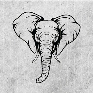 May include: Black and white line art illustration of an elephant's head with large ears and a long trunk.
