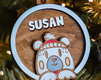 Polar Bear Christmas Ornament SVG | Bow Frame Laser Cut File | Personalized Wooden Bauble Digital Download
