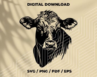 May include: Black and white silhouette of a cow's head. The cow is looking directly at the viewer. The image is a digital download and available in SVG, PNG, PDF, and EPS formats.