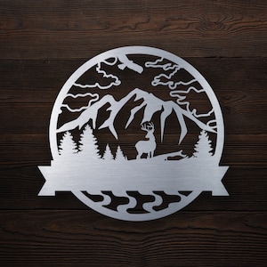 Scenario di fauna selvatica, montagna, aquila e cervo - Design monogramma DXF e SVG - File di taglio laser, CNC, Plasma, Waterjet, Foresta svg eps pdf dxf