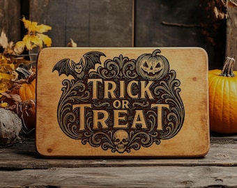 Trick or Treat Cutting Board SVG | Holiday Kitchen Engraving File | Spooky Laser Engrave Design | Rustic Chopping Board Holiday svg