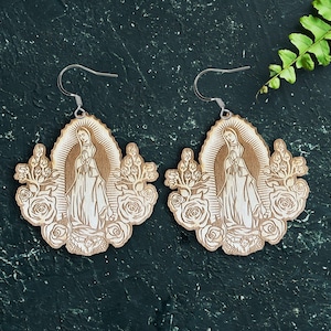 Plantilla de aretes de la Virgen de Guadalupe SVG EPS, Virgen María cortada a láser Svg, Madre María Svg, Señora Guadalupe, Virgen de México Digital Glowforge
