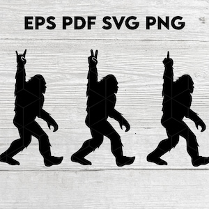 May include: Three black silhouette images of Bigfoot with different hand gestures. The first Bigfoot is giving the rock on hand sign, the second is giving the peace sign, and the third is giving the middle finger.