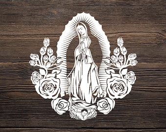 Virgen de Guadalupe with Roses SVG PNG File, Virgin Mary Flowers Svg, Mother Mary Svg, Lady Guadalupe, Virgin of Mexico Digital Flie Cricut