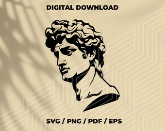 May include: Black and white silhouette of a classical sculpture of a man's head and shoulders. The sculpture has a detailed hairstyle and a serious expression.