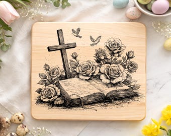 Ostern Kreuz Bibel mit Vögeln und Blumen, SVG PNG Laser Gravur Datei Charcuterie Schneidebrett Digitaler Download, Osterdekoration