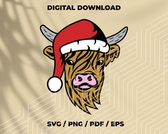 Könnte beinhalten: Ein digitaler Download einer schottischen Hochlandkuh, die einen roten Weihnachtsmann-Hut mit weißem Besatz trägt. Die Kuh hat braunes und weißes Fell und eine rosa Nase. Das Bild ist im Cartoon-Stil gehalten und eignet sich für die Verwendung in Bastelarbeiten, Scrapbooking und anderen kreativen Projekten.