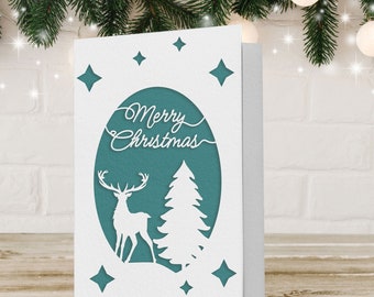 Carte de Noël SVG, modèle de carte de Noël cerf SVG, fichier d'invitation de Noël, carte Papercut, cerf de Noël svg avec des fichiers numériques étoiles