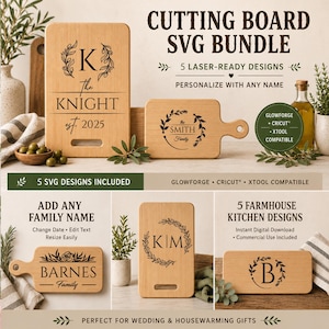 May include: A digital bundle of five laser-ready SVG designs for cutting boards, featuring various personalised family name templates with floral wreaths and text like The Knight, Smith Family, Barnes Family, and initials K, M, and B.
