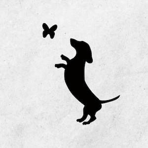 Dackel mit Schmetterling SVG, Wurst Hund SVG-Dateien für Cricut, Cricut-Datei, niedlicher Hund Cut-Datei für Cricut und Schneidemaschinen, Silhouette-Datei