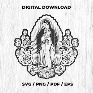 Virgen de Guadalupe mit Rosen SVG-PNG-Datei, Jungfrau Maria Blumen geschnitten, Mutter Maria Schmuck, Lady Guadalupe, Jungfrau von Mexiko Digital Flie Cricut