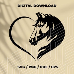 Caballo SVG Corazón SVG, Descarga digital Caballo SVG, Me encantan los caballos Svg, Hermoso caballo Svg, Cabeza de caballo SVG, Siluetas de caballos para Cricut, Png,