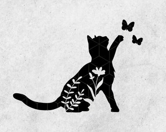 Floral Cat SVG, Cat SVG Files for Cricut and silhouette.Floral Kitten, Floral Cat vector SVG, Cat With Flowers, Wildflower Cat silhouette