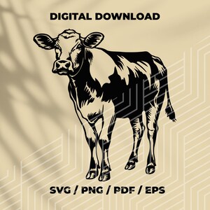 May include: Black and white silhouette of a cow standing on a beige background. The image includes the text "DIGITAL DOWNLOAD" and "SVG / PNG / PDF / EPS".