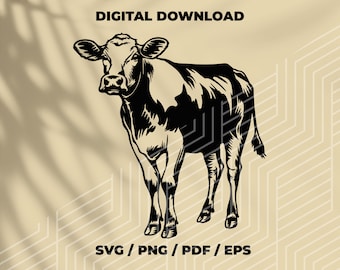 May include: Black and white silhouette of a cow standing on a beige background. The image includes the text "DIGITAL DOWNLOAD" and "SVG / PNG / PDF / EPS".