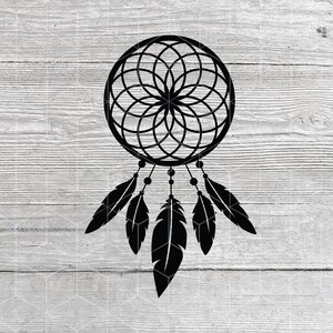 May include: Black and white dreamcatcher with feathers hanging from the bottom. The dreamcatcher is circular and has a geometric design.