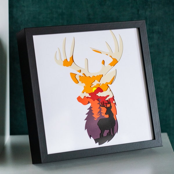 Deer face Landscape svg, 3d layered papercut design fits perfectly for ikea shadow box, Cricut silhouette or laser cut for Home decoration