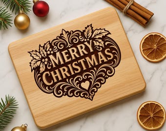 Merry Christmas Cutting Board SVG | Holiday Kitchen Engraving File | Christmas Laser Engrave Design | Rustic Chopping Board Holiday SVG