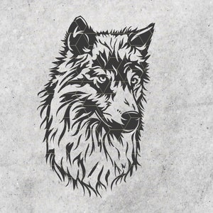 Op de afbeelding: Zwart-witte lijntekening van een wolfskop. De wolf kijkt naar rechts met zijn bek dicht. De vacht van de wolf is gedetailleerd met lijnen en schaduwen.