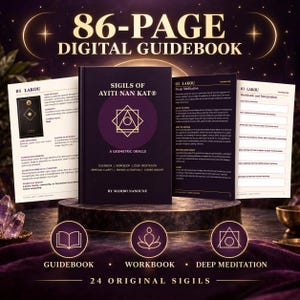 May include: An 86-page digital guidebook titled Sigils of Ayiti Nan Kat: A Geometric Oracle by Mambo Nanoune. The dark purple cover features a gold geometric symbol. Two open pages display text about Lakou, deep meditation, and workbook sections.