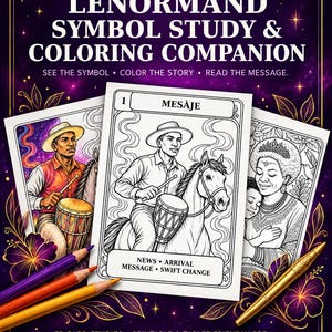 May include: A Lenormand symbol study and coloring companion book cover featuring the title AYITI NAN KAT, three illustrated cards with a person playing a drum on a horse, and a person embracing a child, with colored pencils and a gold pen.
