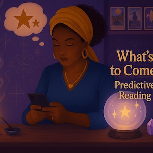 May include: Illustration of a woman with a yellow head wrap and gold jewelry, holding a phone. The image includes candles, a crystal ball with stars, and the text "What's to Come? Predictive Reading."
