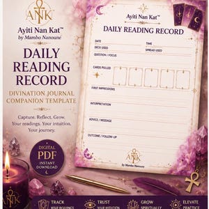 Op de afbeelding: Een Daily Reading Record divinatie-journal sjabloon van Ayiti Nan Kat. Het document bevat secties voor datum, tijd, deck, legging, vraag, getrokken kaarten, eerste indrukken, interpretatie, advies en uitkomst, met paarse accenten.