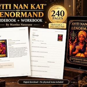 May include: A digital guidebook and workbook titled Ayiti Nan Kat Lenormand by Mambo Nanoune, featuring 240 pages of printable and fillable PDF content. The display shows two open pages with card descriptions and a tablet screen with the cover art.
