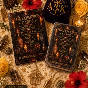 May include: A Loa Expansion Cards divination set featuring a booklet and a deck in a tin, both labeled Ayiti Nan Kat. The set includes a purple velvet pouch with an Ankh logo, a gold pendulum, and text stating 3.5 x 5 inches, rounded edges.