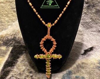 PERIDOT Copper Ankh Pendant Necklace 4.5 Inches