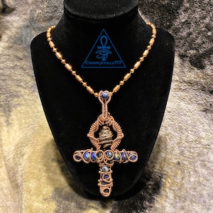 PYRITE + BLUE LAPIS Copper Ankh Pendant Necklace 4.5 Inches