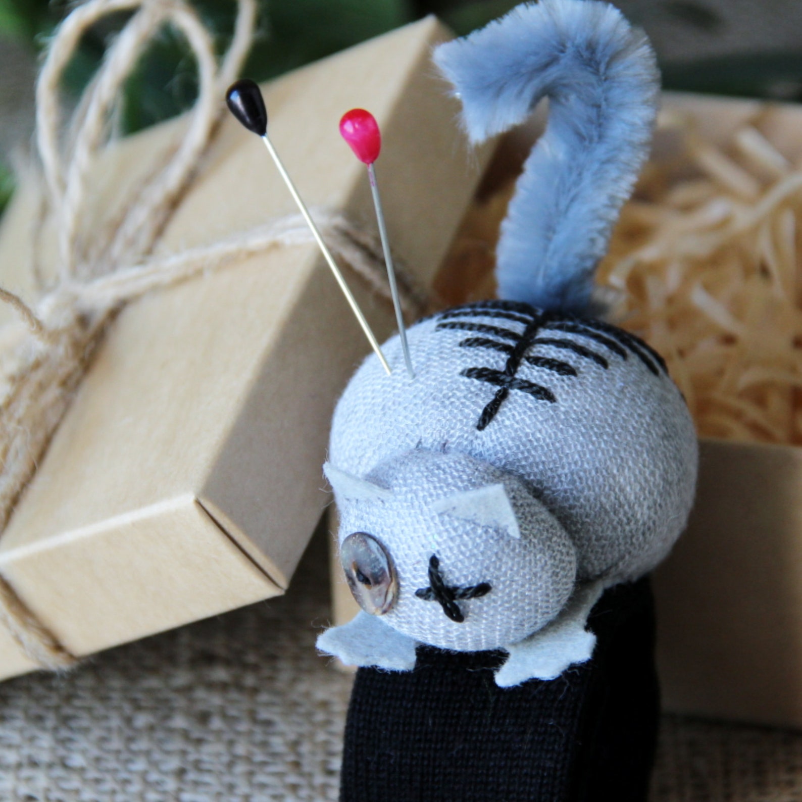 Cat Pincushion Handmade Cute Wrist Pin Cushion Animal Gray Etsy