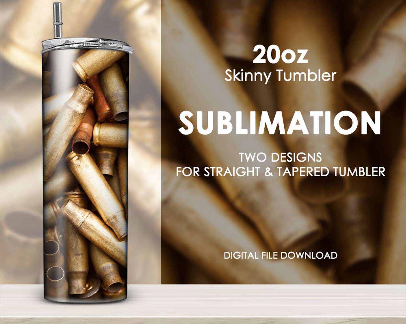 Ammo Bullets 20 Oz Skinny Tapered Straight Tumbler Digital Design for