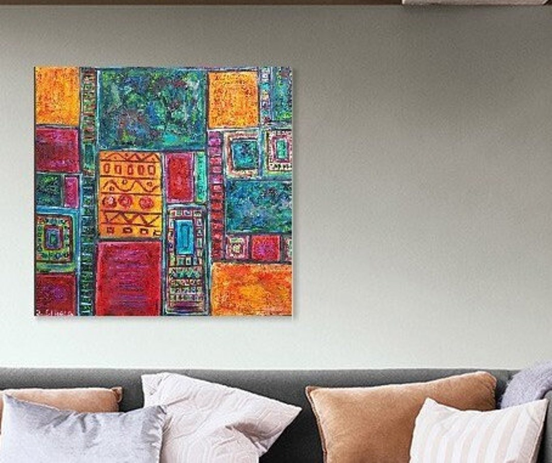 Colorful Geometric Abstract Shapes Oil Painting on Stretched Canvas ...